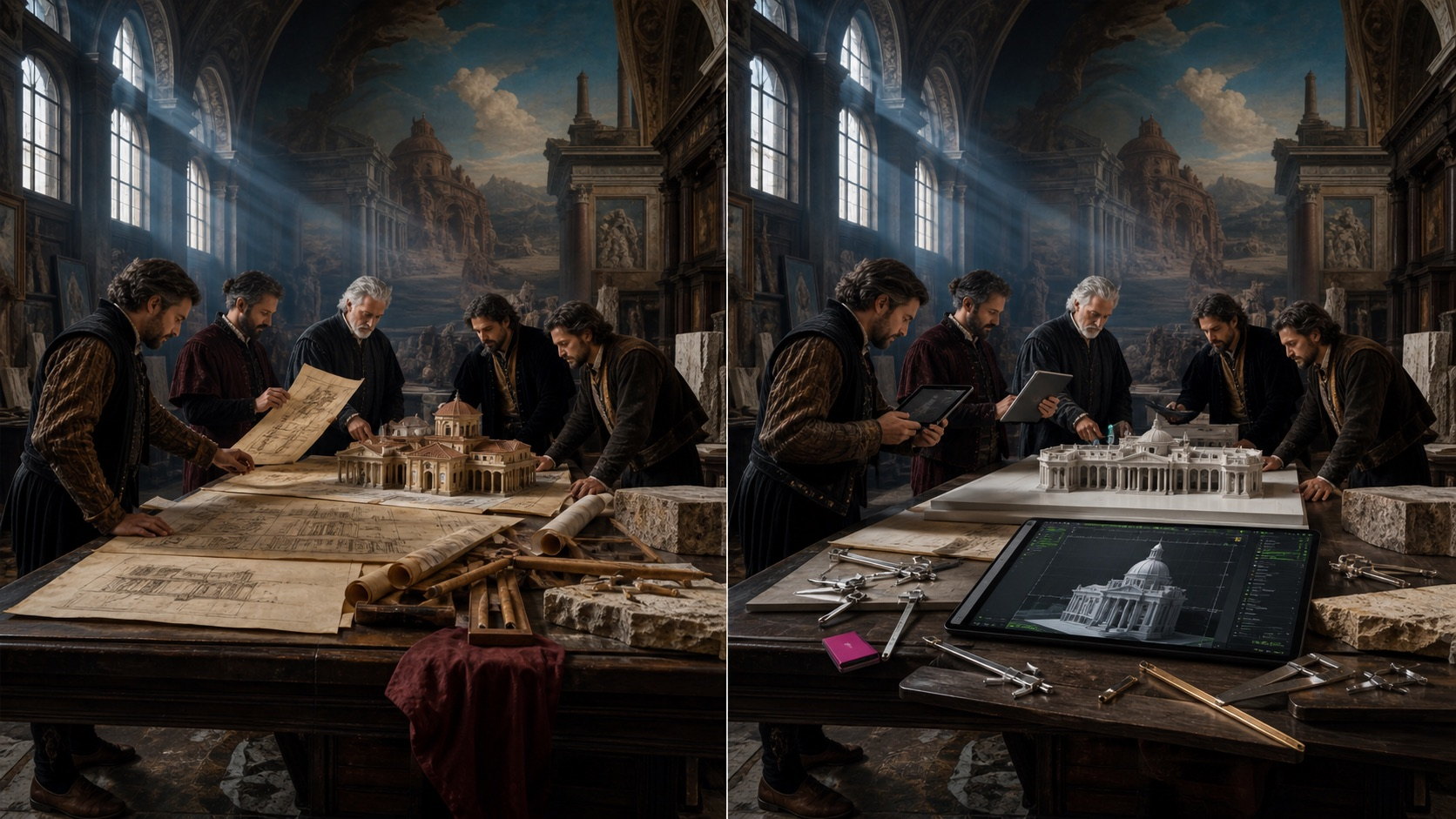 Atelier Noma : plans et maquette à gauche, conception numérique à droite